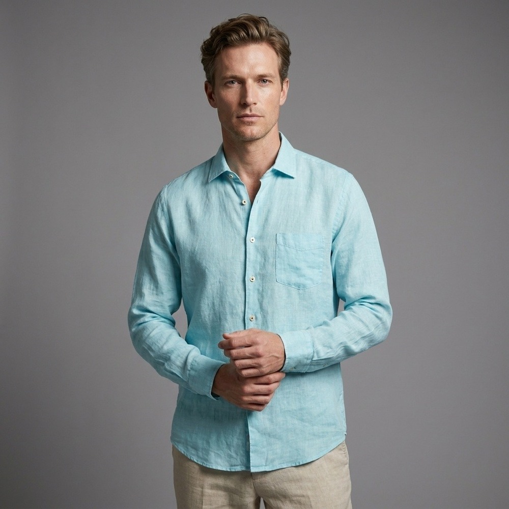 Boggi Milano Bm39 Mens XXL Light Blue 100% Linen Long Sleeve Button Front Shirt